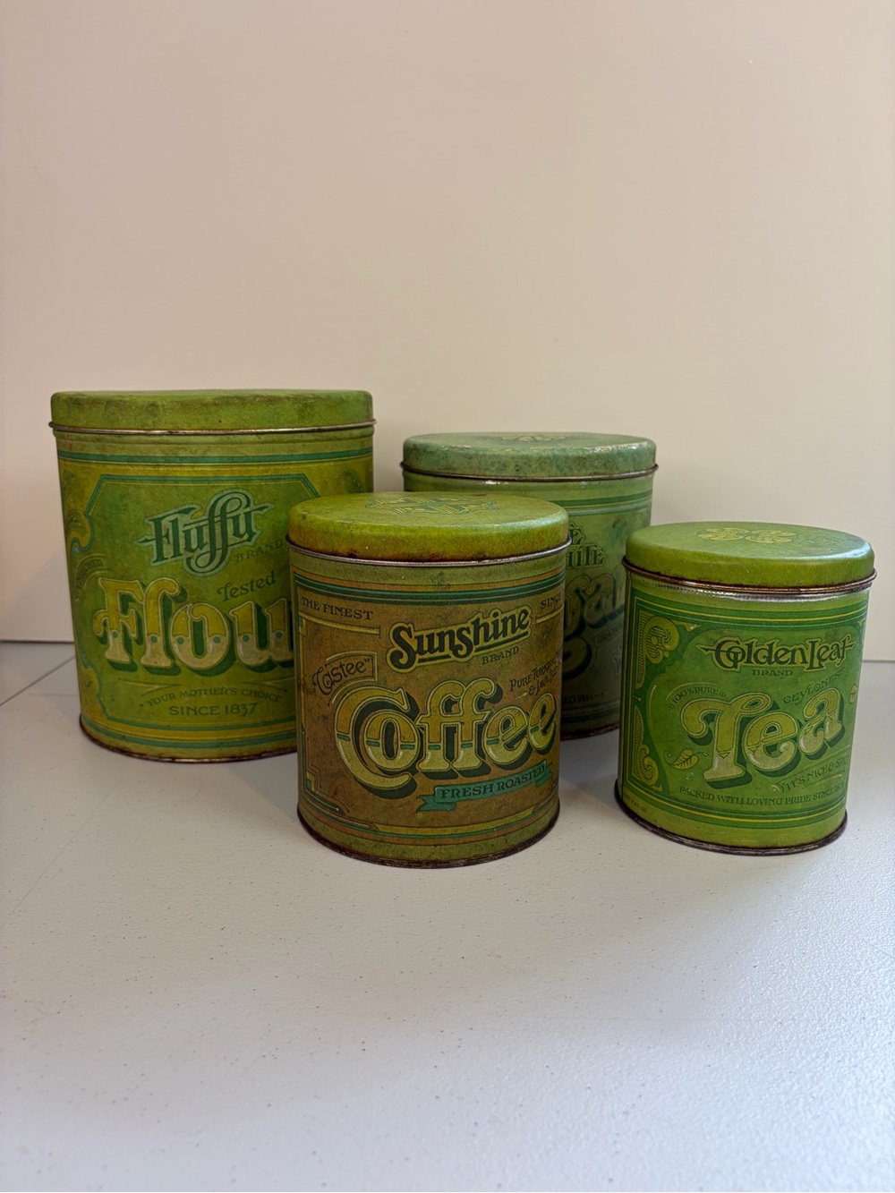 Vintage 4 Canister Set Metal Ballonoff Flour Sugar Coffee Tea Green Kitsch 1970s